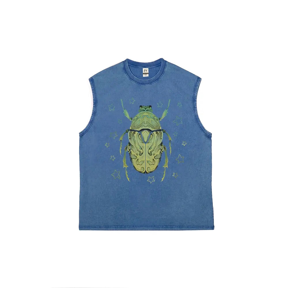 Men's Green Scarab Beetle Vintage Washed Pure Cotton Tank Top - Tshirt, Relaxed Fit, Distressed Look, Mensfashion, Back to School Shopping, Soho Chic