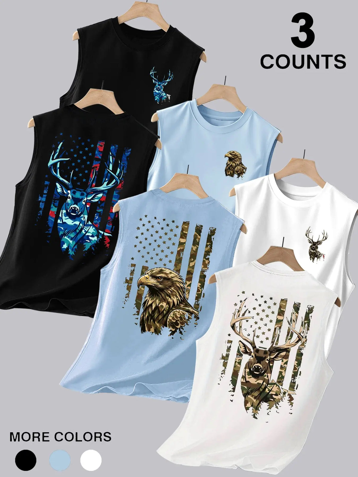 3-Pack Men's Crew Neck Sleeveless Muscle Tank Tops, Double-Sided Printed with Distressed Camo Wildlife Eagle Vintage American Flag Graphics, Ideal for Outdoor Hunting, Workout, Camping & Daily Wear