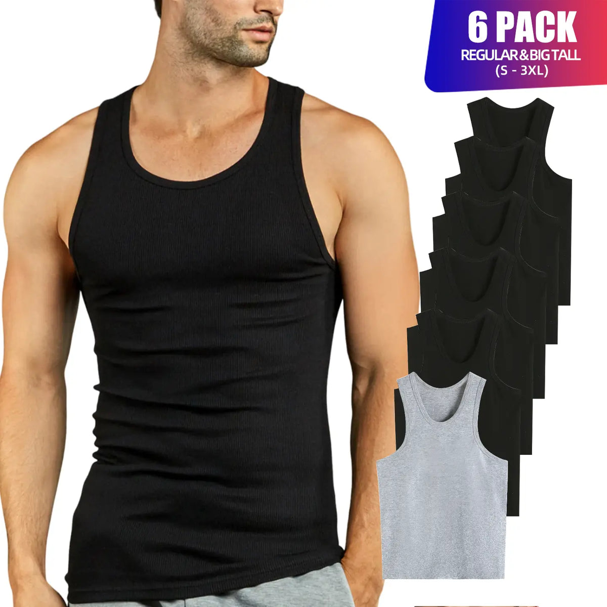 Men's 6-Pack 100% Cotton Ribbed Tank Tops, Breathable Sleeveless Underwear Undershirts, Solid Classic Casual Menswear for Workout, S-3XL Regular & Big & Tall Sizes