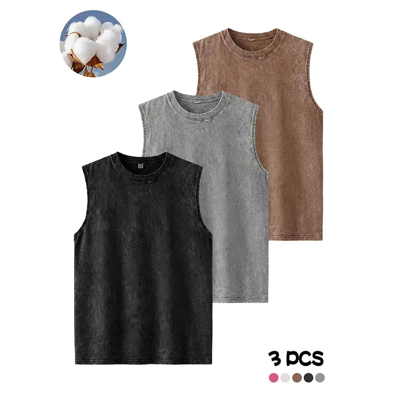 Men's Fashion Washed Pure Cotton Crew Neck Sleeveless Tank Tops, Breathable Moisture-Wicking Vest for Summer Outdoor Sports, Casual Outings