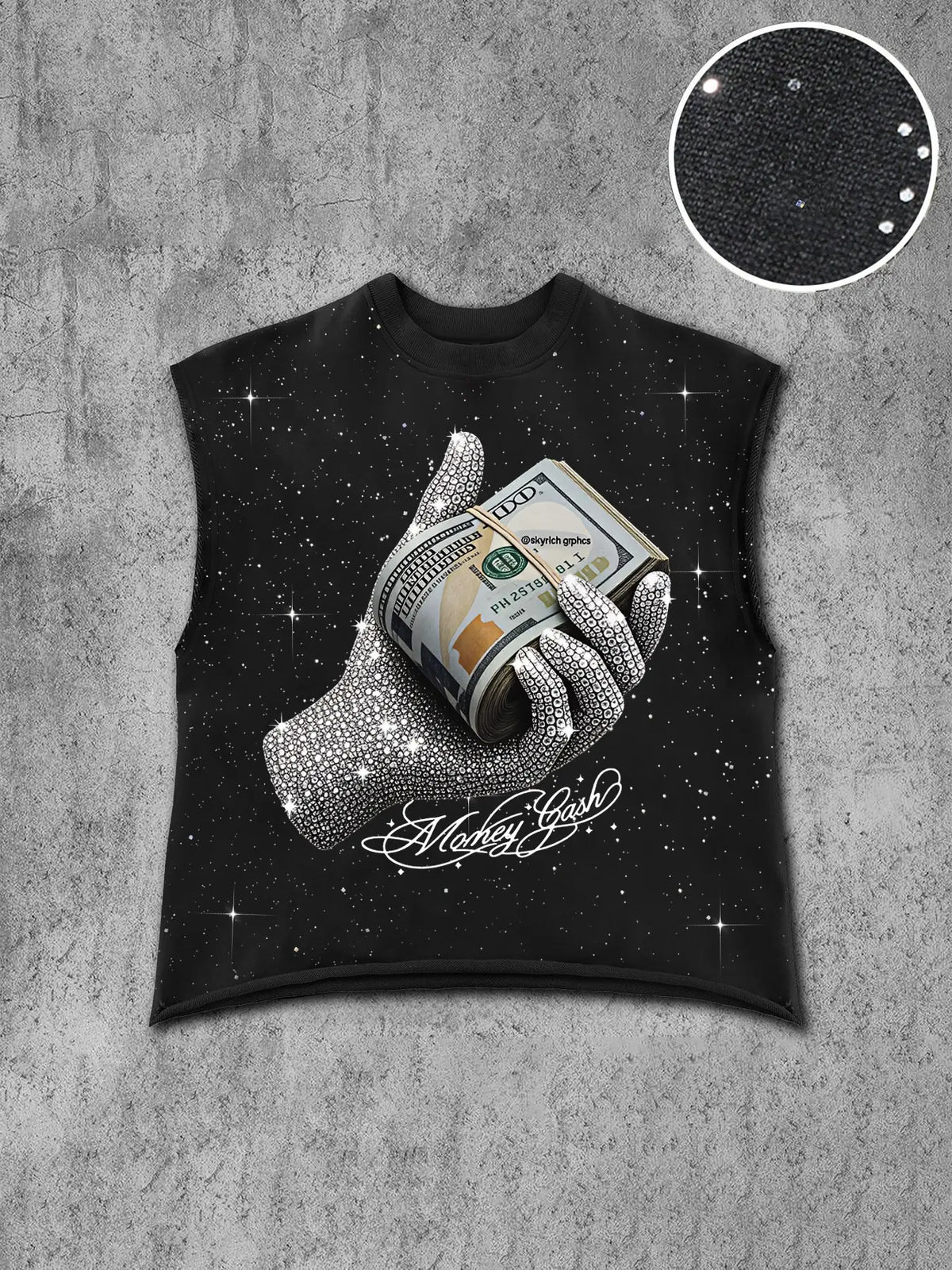 Men's Casual, Loose Sleeveless Vest, Rhinestone-Decorated Handprint Graphic Design, Comfortable Silver Color Fabric, Perfect for Streetwear & Photoshoots