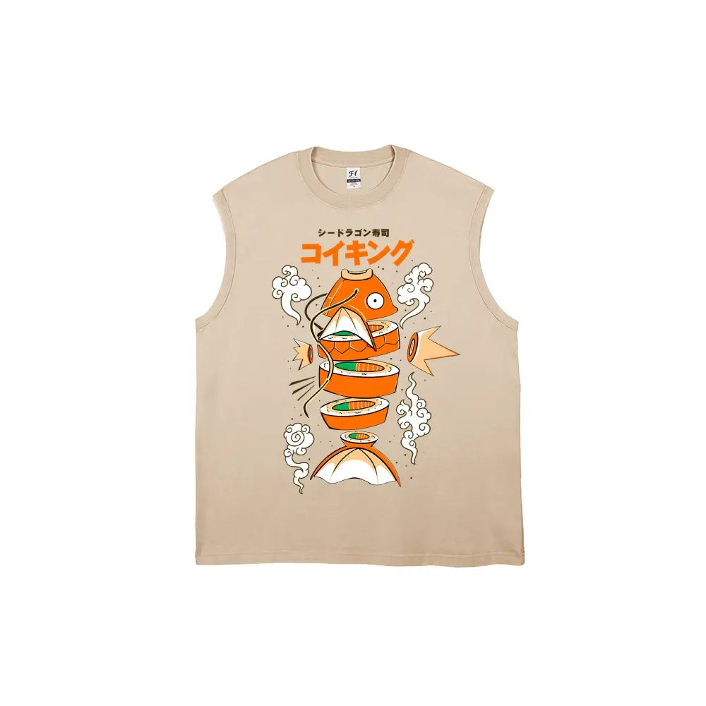 Men's Vintage Graphic Tank Top with Japanese Sushi Print - Distressed 100% Cotton Streetwear, Loose Fit & Breathable Fabric