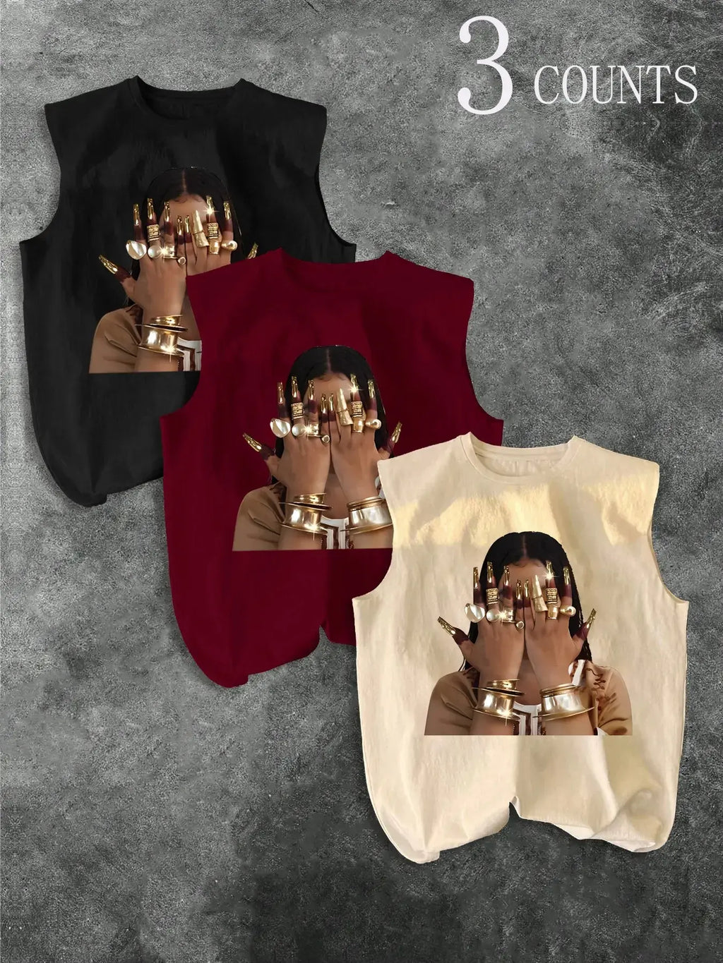 Men's Three-Piece Trendy Casual Oversized Loose Sleeveless Vest Set, Face-Wiping Woman Graphic Print, Perfect for Summer Clothes, Vacation, Friend Gatherings