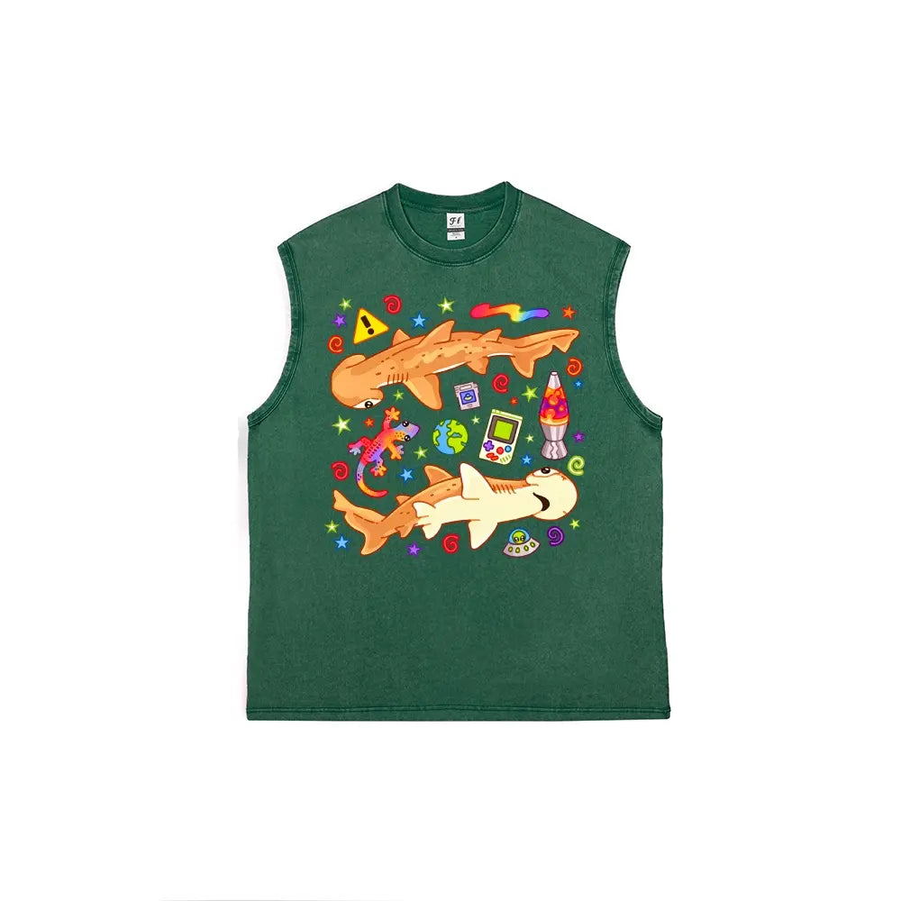 Ocean, childlike fun, psychedelic Cartoon Hammerhead Shark Unisex Plus Size Summer Graphic Tees Personalized Pattern Y2k Clothing Round Neck Short-Sleeved Washed Vests,Women's Clothing 100% Cotton, Menswear, Top, Vintage Style, Casual Oversized