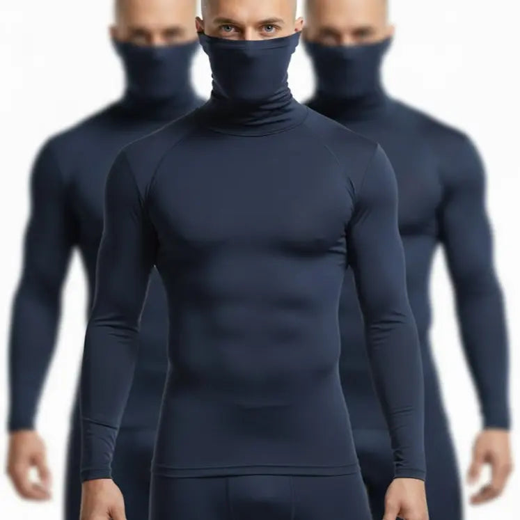 High Level HL Men's High-Neck Thermal Compression Long-Sleeve Plain T-Shirt with Face Cover Option - All-Season Athletic Fitted Activewear (Black, Grey, White, Navy)
