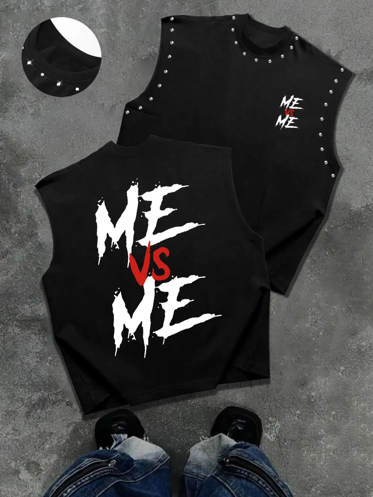 Men's Casual Sleeveless T-Shirt, Comfortable Me Vs Me Graphic Streetwear Tank Top, Trendy Design Top, Menswear, Round Neck, Streetwear Graphic Print