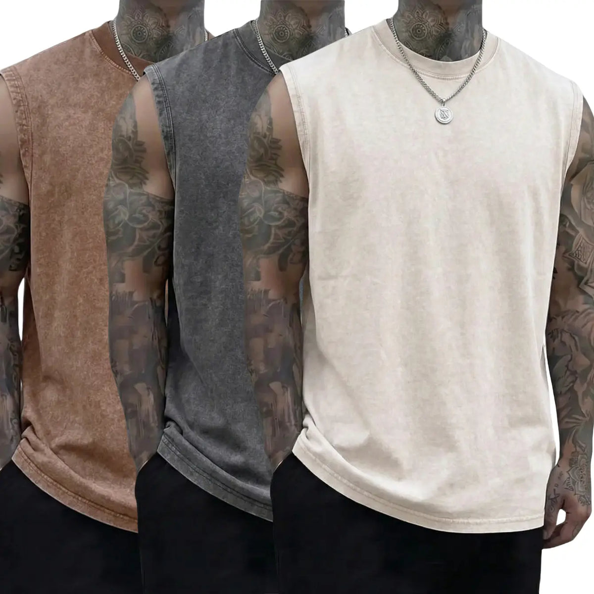 Men’s 3-Pack 230g Full Cotton Heavyweight Mock Neck Sleeveless Undershirts - Casual Vintage Clothing, Muscle Tee Vests, Athletic Sleeveless Vests, Loose Fit Solid Color Skin-Friendly Unisex Retro Tank Tops, Machine Washable, Suitable for Sports