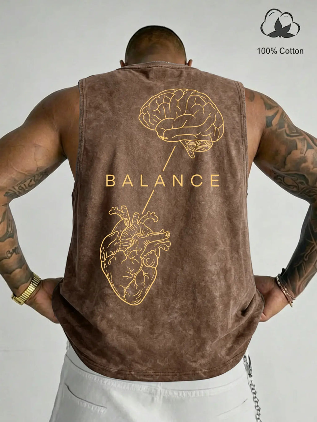 100% Cotton Vintage Wash Sleeveless Tank Top, Brain Heart Balance Minimal Line Art Back Print Loose Fit Gym Sleeveless Activewear Fitness Wear Streetwear Graphic Vest, Sleeveless Workout Vest