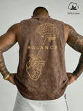 100% Cotton Vintage Wash Sleeveless Tank Top, Brain Heart Balance Minimal Line Art Back Print Loose Fit Gym Sleeveless Activewear Fitness Wear Streetwear Graphic Vest, Sleeveless Workout Vest