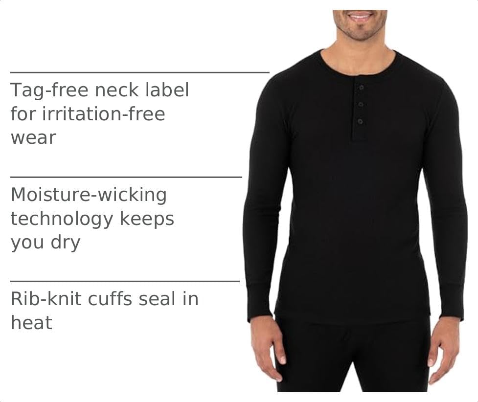 Fruit of the Loom Men's Recycled Waffle Thermal Underwear Henley Top (1 and 2 Packs)