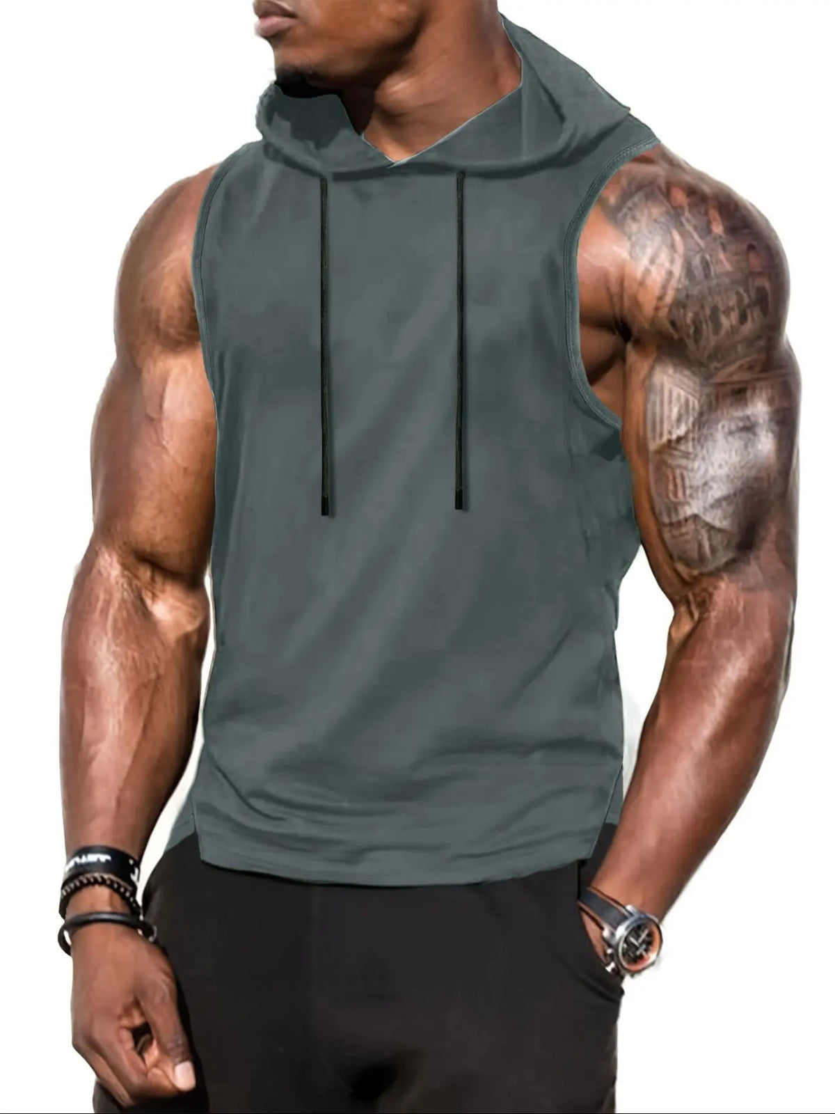 Men's Plain Drawstring High Low Hem Hooded Tank Top, Sleeveless Shirt, Regular Fit Casual Sleeveless Vest, Going Out Top, National Day Clothing, Sleeveless Clothes