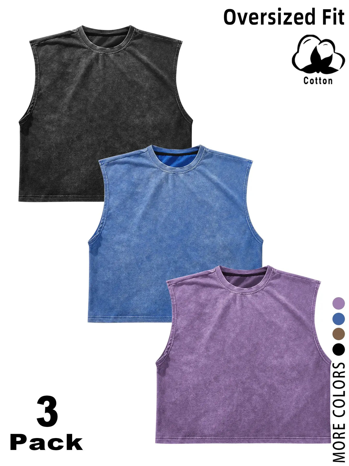 3 Pack/1 Pack Vintage Washed Solid Sleeveless Tank Tops, Unisex Oversized Crew Neck Cotton Cropped Muscle Shirts, Casual Loose Fit Basic Tees, Breathable Soft Fabric, Multiple Colors Available, Men Women Summer Streetwear, Workout, Daily Wear, Y2K Style