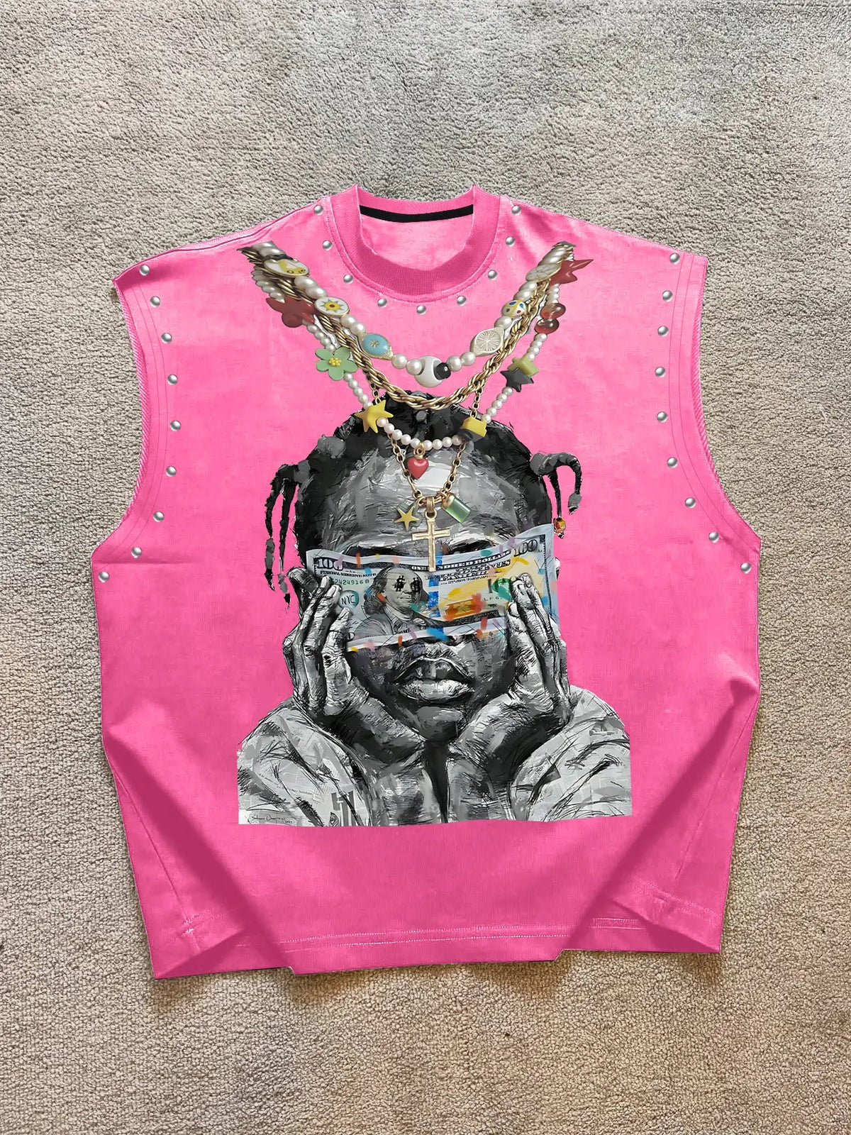 Trendy Men's Round Neck Asymmetrical Fashion Tank Top Vest with Character Graphic Print Front, Decorative Necklace Design, Letter Slogan Back, Skin-Friendly Fabric, Streetwear Style