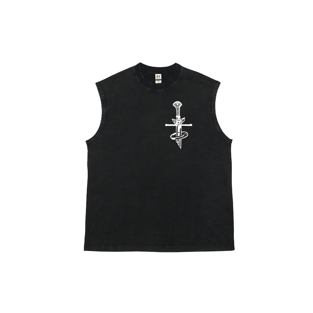 Men's Vintage Double-Sided Graphic Tank Top - 100% Cotton Retro Streetwear Washed Vest, Breathable Relaxed Fit for Casual Wear
