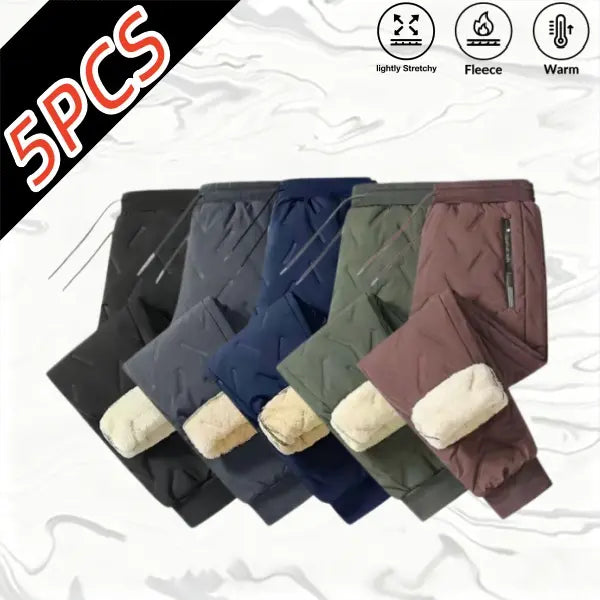Men's 5-Pack Chic Plain Athletic Thermal Pants - Fleece-Lined Cotton, Thick, Wind-Resistance, Cold-Protective, High-Stretch Elastic Waistband, Tapered Long, Activewear Sportswear for Hiking/Light Outdoor, Everyday Commuting