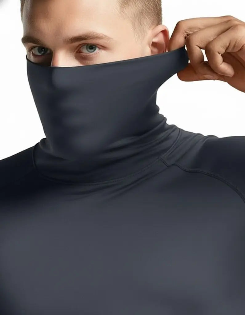 High Level HL Men's High-Neck Thermal Compression Long-Sleeve Plain T-Shirt with Face Cover Option - All-Season Athletic Fitted Activewear (Black, Grey, White, Navy)