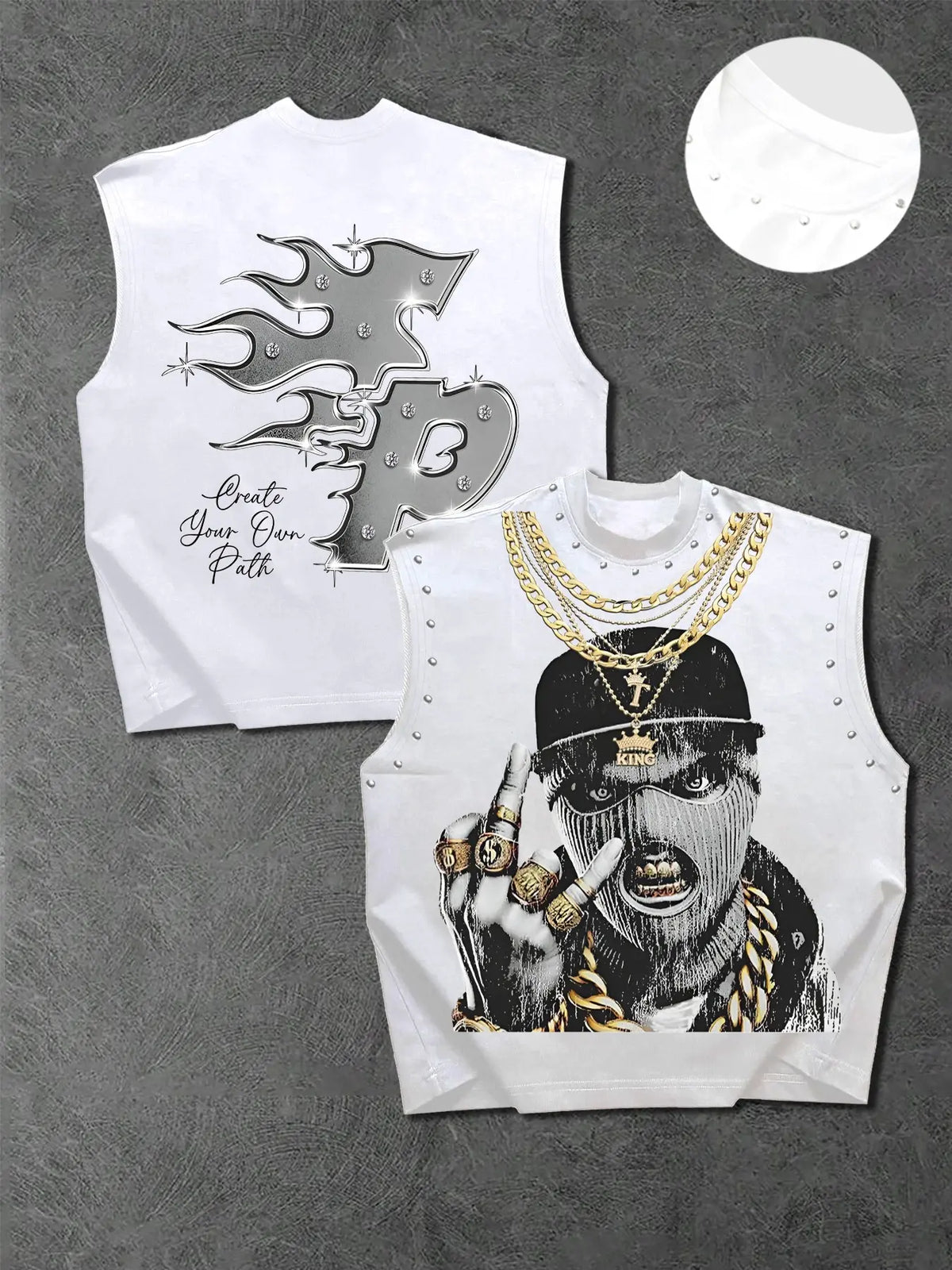 Trendy Men's Round Neck Asymmetrical Fashion Tank Top Vest with Character Graphic Print Front, Decorative Necklace Design, Letter Slogan Back, Skin-Friendly Fabric, Streetwear Style