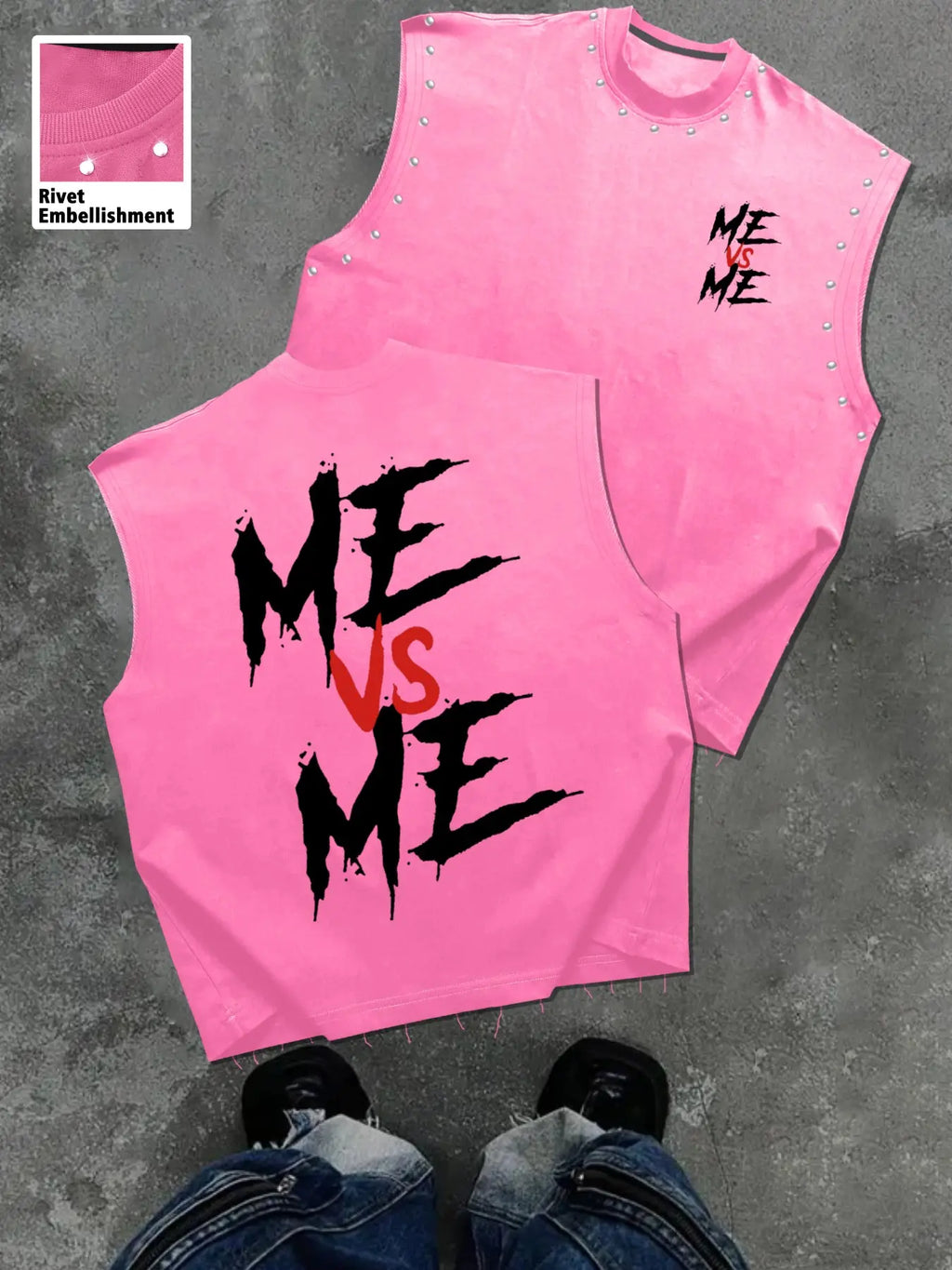 Men's Casual Sleeveless T-Shirt, Comfortable Me Vs Me Graphic Streetwear Tank Top, Trendy Design Top, Menswear, Round Neck, Streetwear Graphic Print