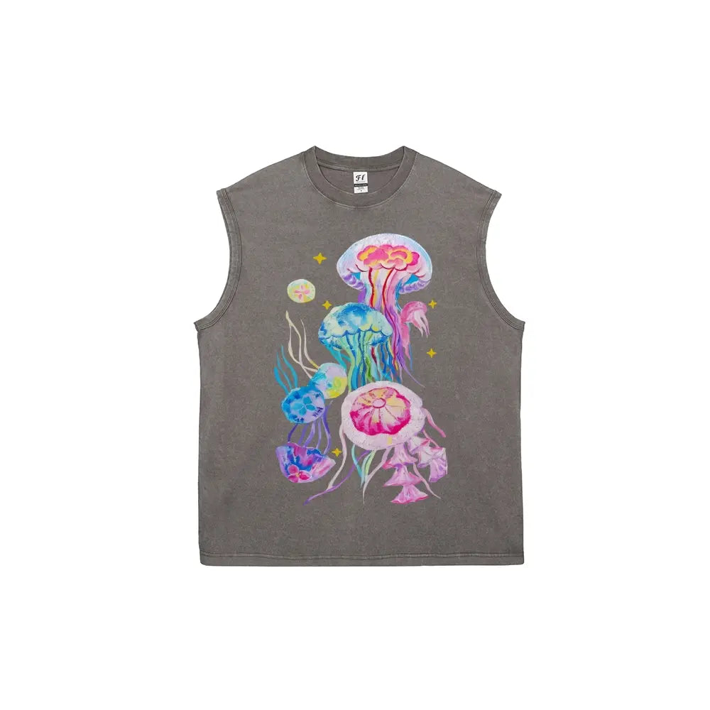 Men's Retro Streetwear Vintage Washed Cotton Fabric Tank Top - Breathable Sleeveless Cargo Graphic Vest with Colorful Watercolor Jellyfish & Stars Print