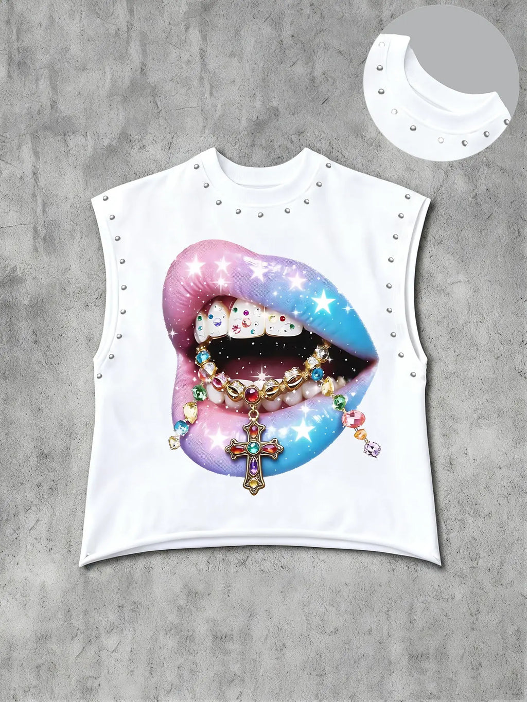 Men's Casual Sleeveless Vest, Graphic Background with Blue Gradient Rhinestone Lips, Embellished Colorful Teeth, Cross Pendant Print, Sleeveless Tank Tops, Sleeveless Clothes