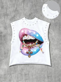 Men's Casual Sleeveless Vest, Graphic Background with Blue Gradient Rhinestone Lips, Embellished Colorful Teeth, Cross Pendant Print, Sleeveless Tank Tops, Sleeveless Clothes