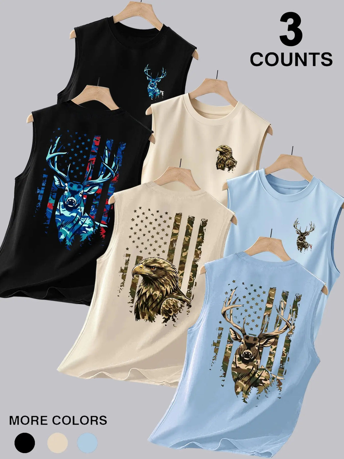 3-Pack Men's Crew Neck Sleeveless Muscle Tank Tops, Double-Sided Printed with Distressed Camo Wildlife Eagle Vintage American Flag Graphics, Ideal for Outdoor Hunting, Workout, Camping & Daily Wear