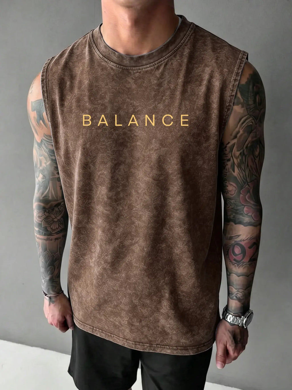 100% Cotton Vintage Wash Sleeveless Tank Top, Brain Heart Balance Minimal Line Art Back Print Loose Fit Gym Sleeveless Activewear Fitness Wear Streetwear Graphic Vest, Sleeveless Workout Vest