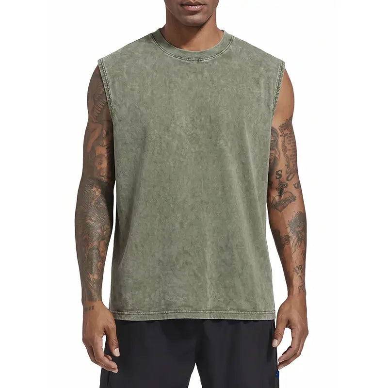 Men's Fashion Washed Pure Cotton Crew Neck Sleeveless Tank Tops, Breathable Moisture-Wicking Vest for Summer Outdoor Sports, Casual Outings
