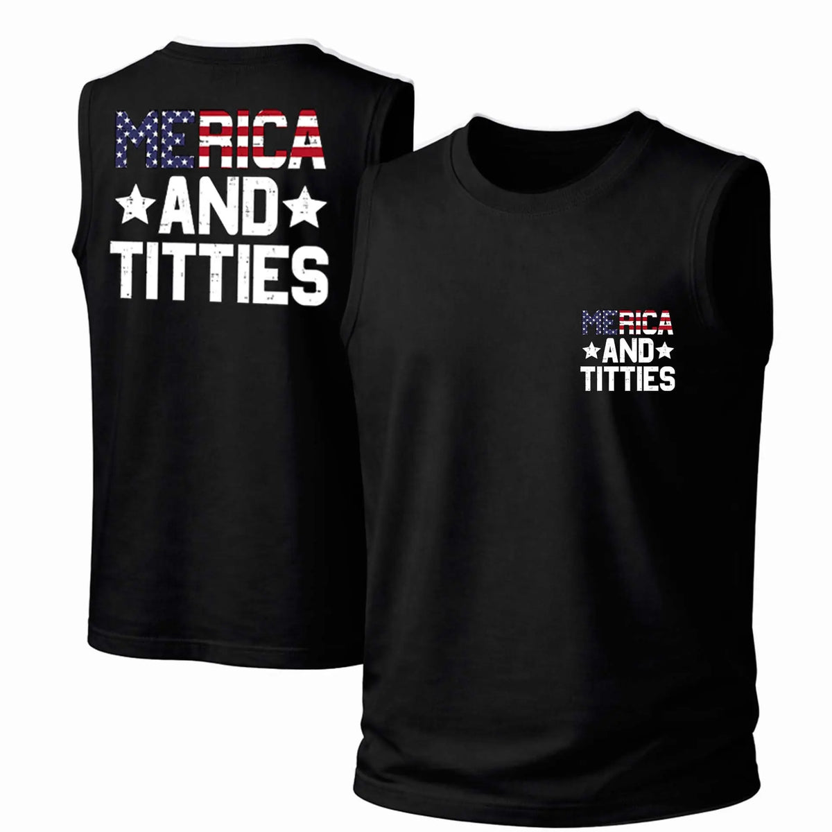 Men's Cotton Sleeveless Tank Top - "“Merica And Titties”" — Punk Printed Style. This Is A Casual Item Suitable For Both Men And Women, Especially Perfect For Spring And Summer; The Cool Print And Classic Crew Neck Cut