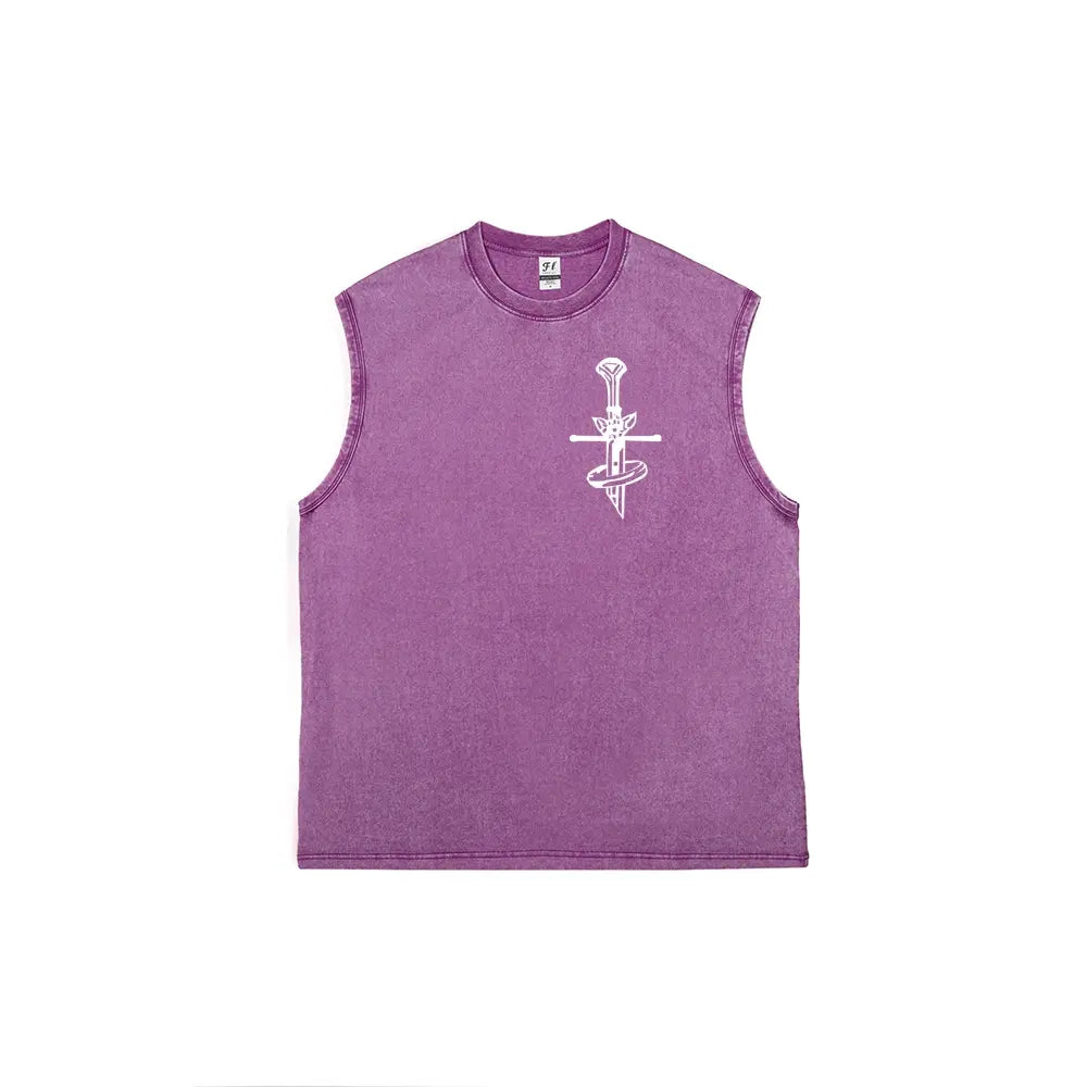Men's Vintage Double-Sided Graphic Tank Top - 100% Cotton Retro Streetwear Washed Vest, Breathable Relaxed Fit for Casual Wear