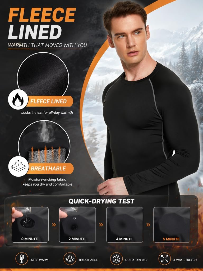 5 or 4 Pack Men's Thermal Compression Shirt Fleece Lined Long Sleeve Athletic Base Layer Cold Weather Gear Workout Top