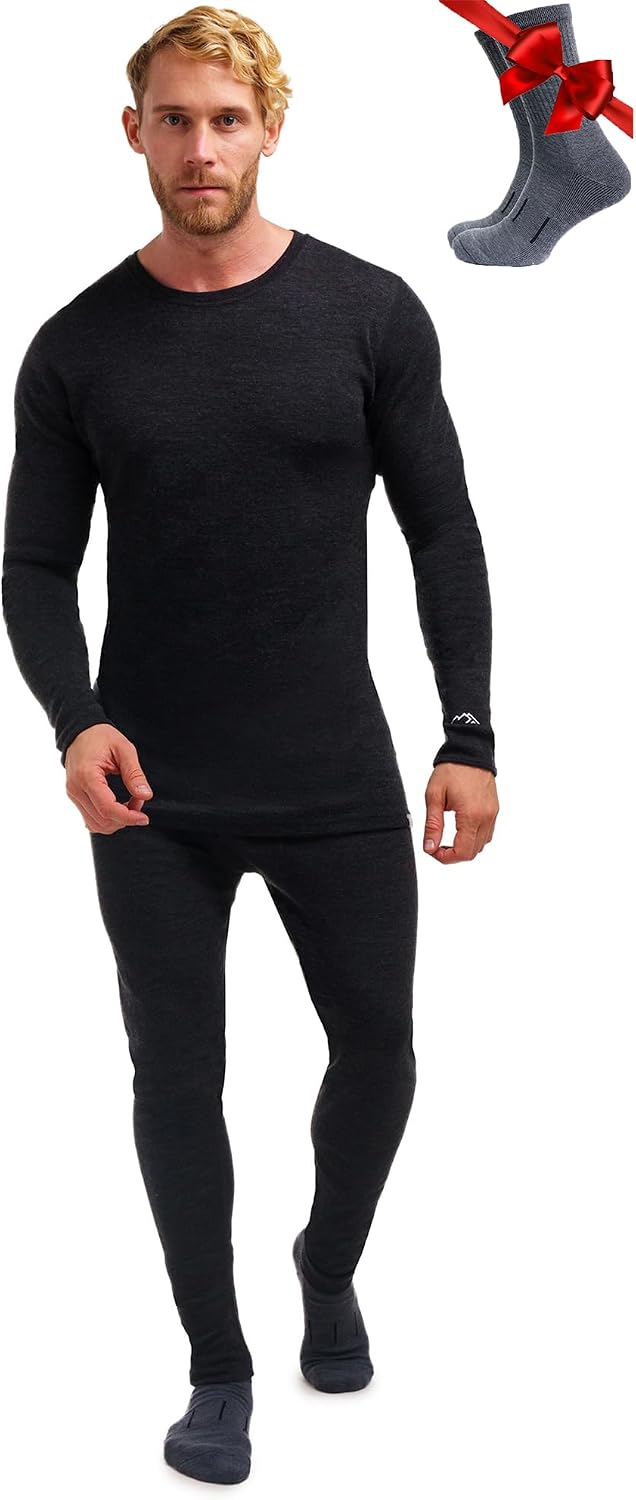 100% Merino Wool Base Layer Men Set - Thermal Underwear for Men Long Johns