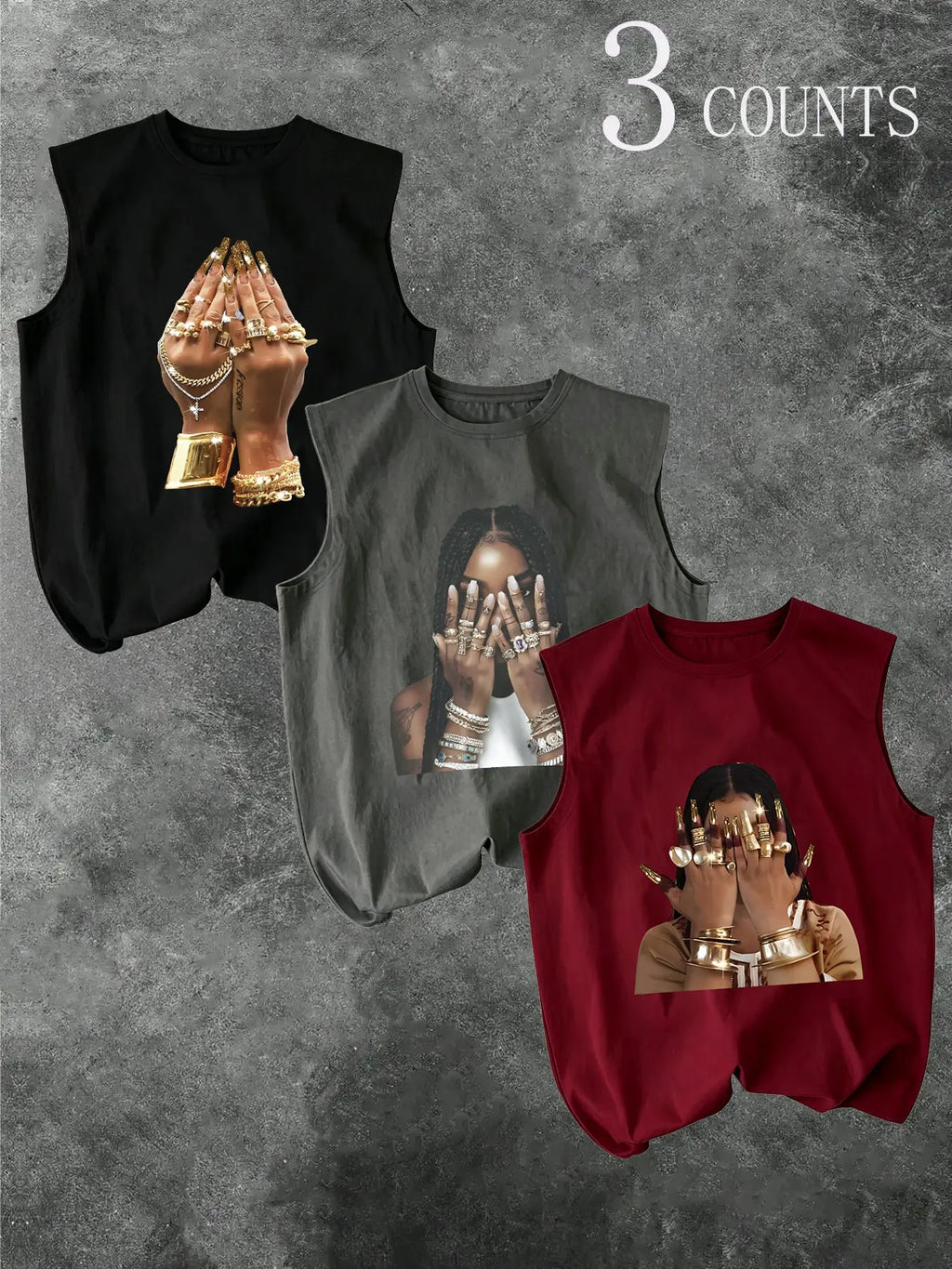 Men's Three-Piece Trendy Casual Oversized Loose Sleeveless Vest Set, Face-Wiping Woman Graphic Print, Perfect for Summer Clothes, Vacation, Friend Gatherings