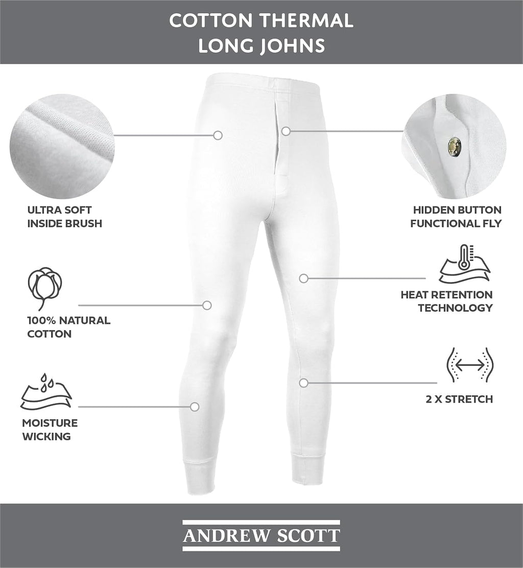 Andrew Scott Men's 3 Pack Premium Cotton Base Layer Long Thermal Underwear Pants