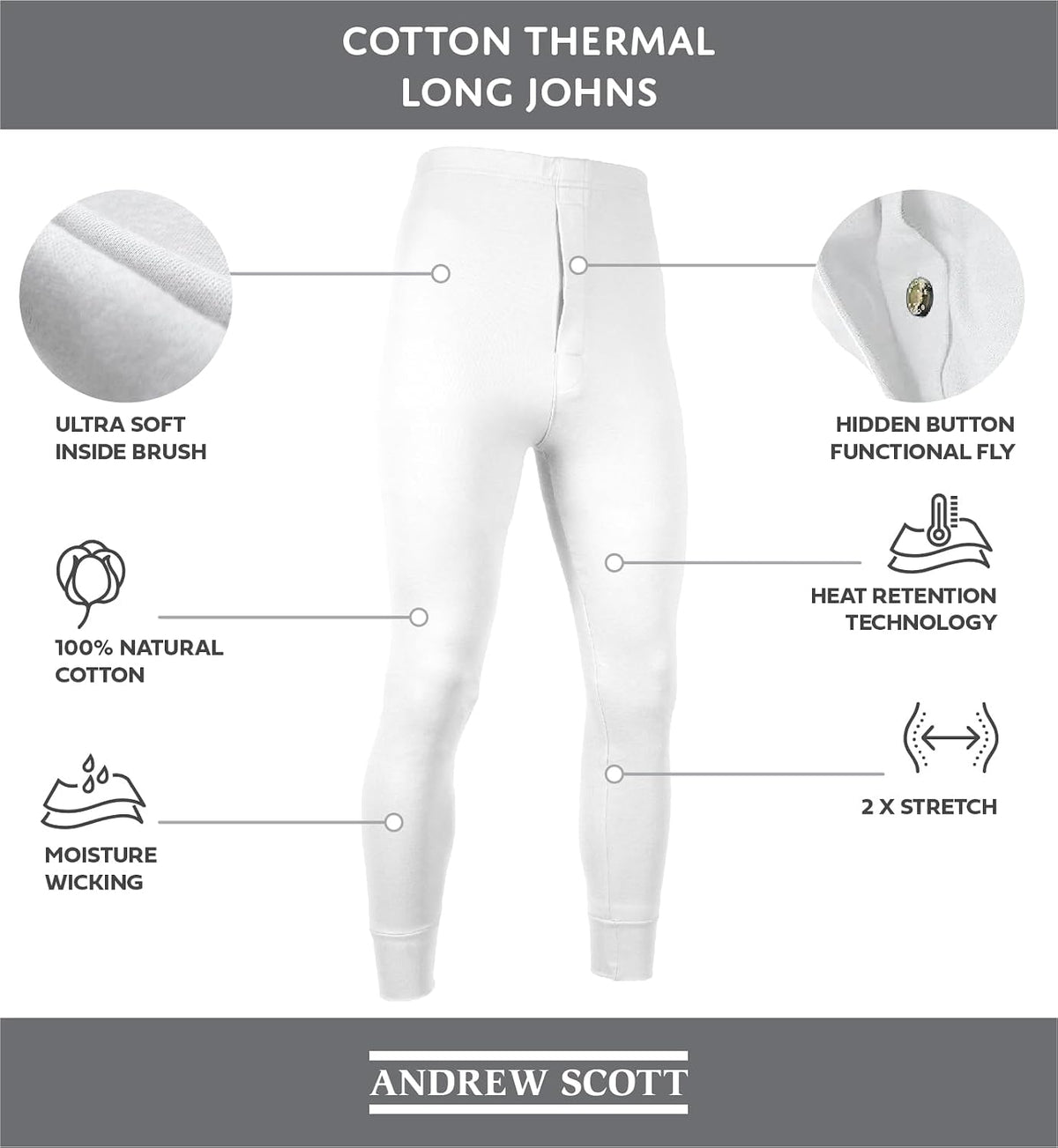 Andrew Scott Men's 3 Pack Premium Cotton Base Layer Long Thermal Underwear Pants