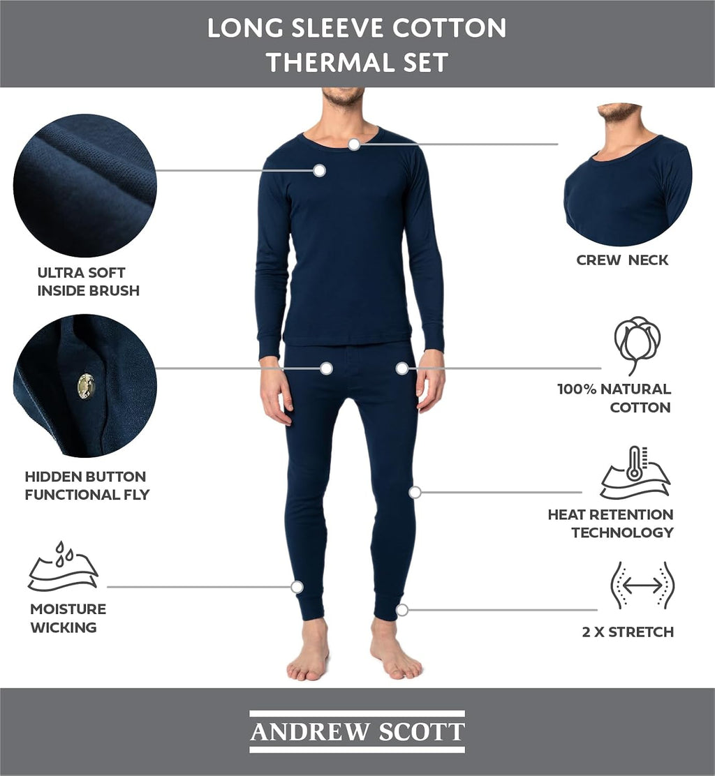 Andrew Scott Mens 2 Piece & 6 Piece Base Layer Long Sleeve + Long Pant Thermal Underwear Set (1 & 3 Pack Mix Match Options)