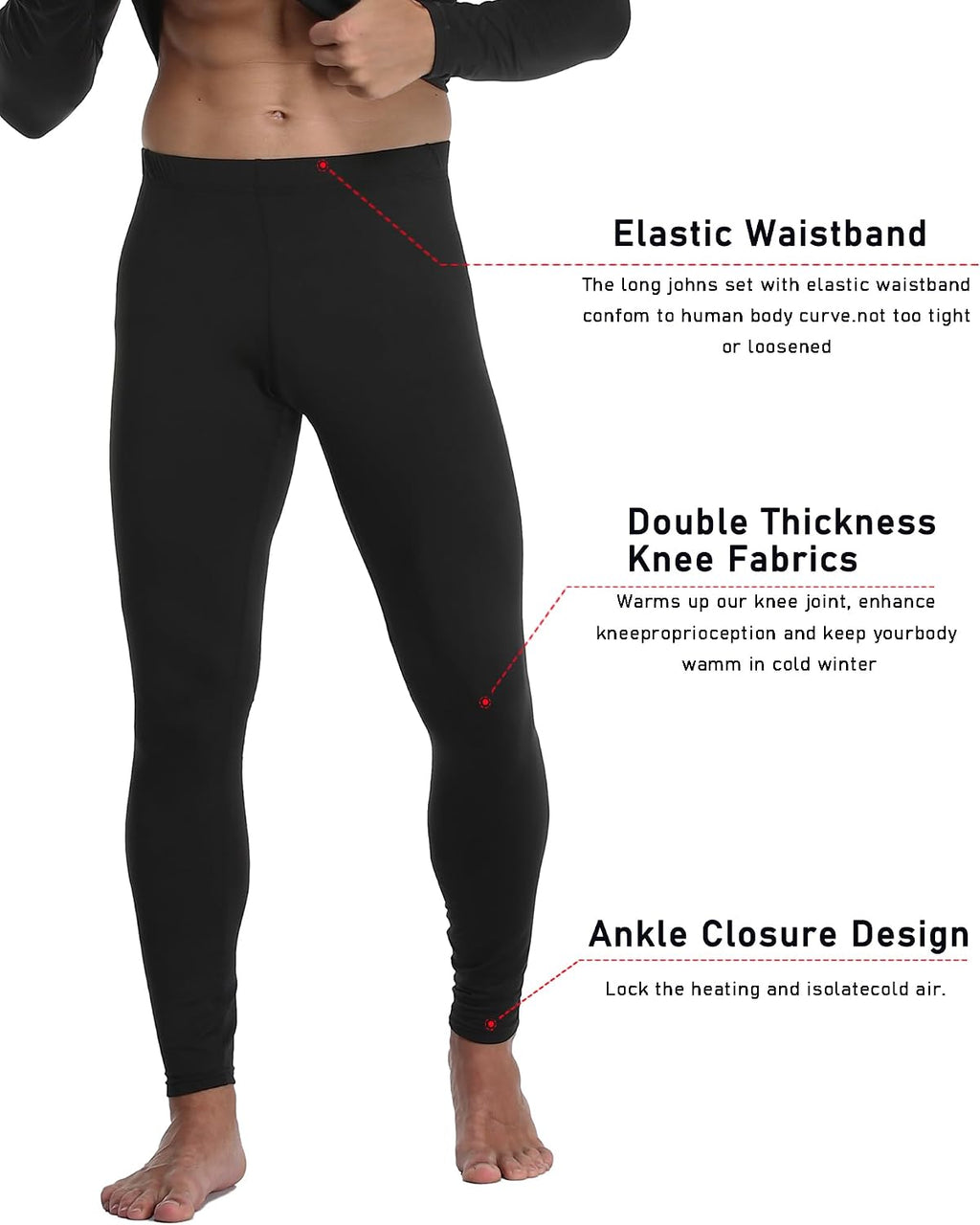 1 or 3 Pack Mens Long Johns Thermal Pants, Fleece Lined Base Layer Bottoms