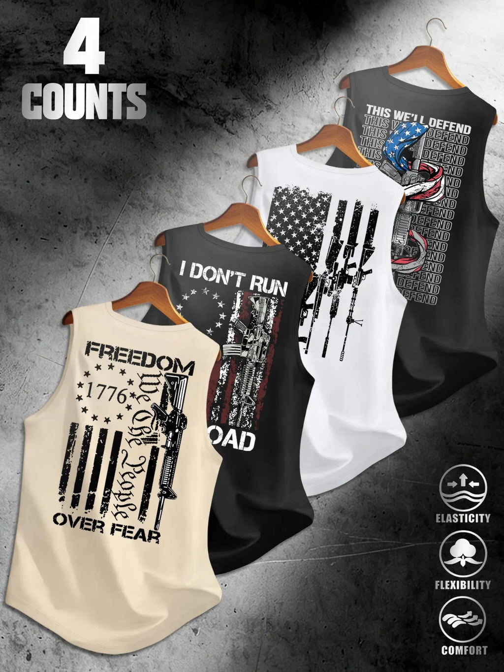 American Flag Print Men's Sleeveless Vest 4-Pack, Breathable Stretchy Fabric, Sporty Fitted, Comfortable for Daily Streetwear, Graphic Sleeveless Shirts
