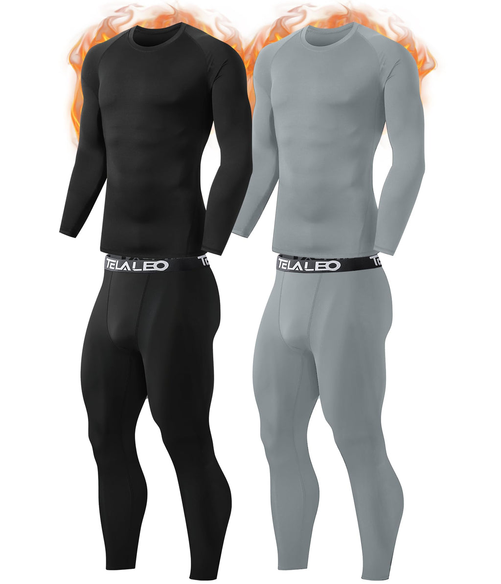 2 Set Mens Thermal Underwear Fleece Lined Long Johns Baselayer Shirts