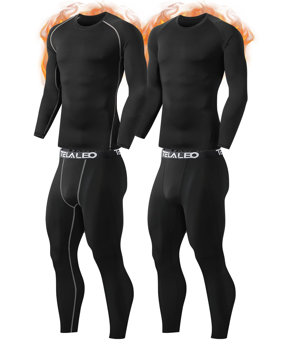 2 Set Mens Thermal Underwear Fleece Lined Long Johns Baselayer Shirts