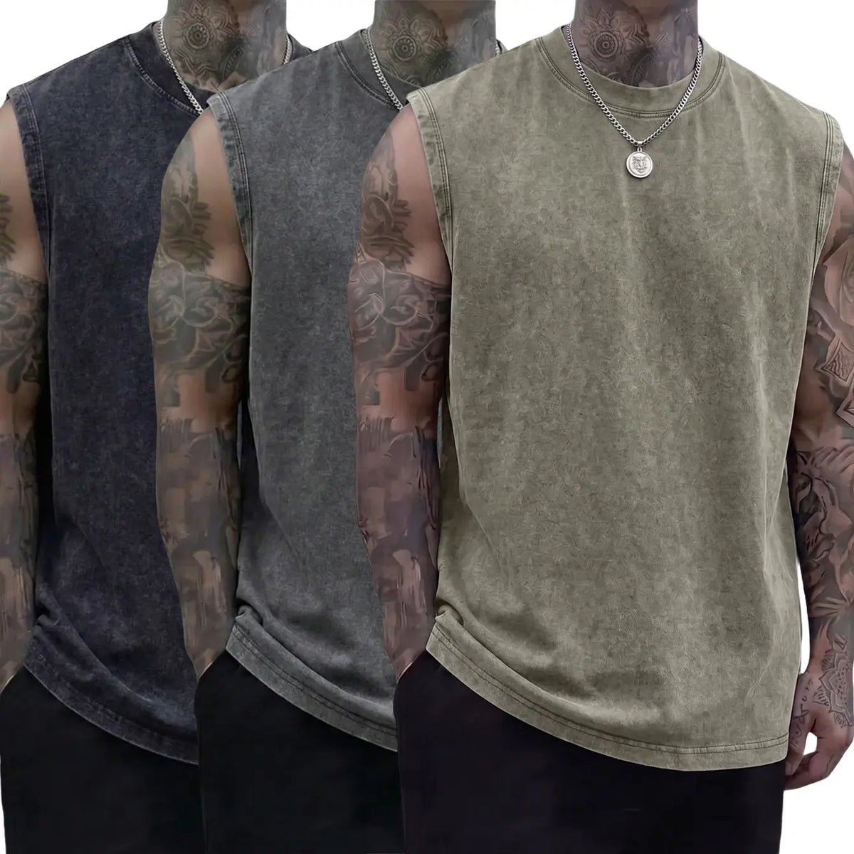 Men’s 3-Pack 230g Full Cotton Heavyweight Mock Neck Sleeveless Undershirts - Casual Vintage Clothing, Muscle Tee Vests, Athletic Sleeveless Vests, Loose Fit Solid Color Skin-Friendly Unisex Retro Tank Tops, Machine Washable, Suitable for Sports