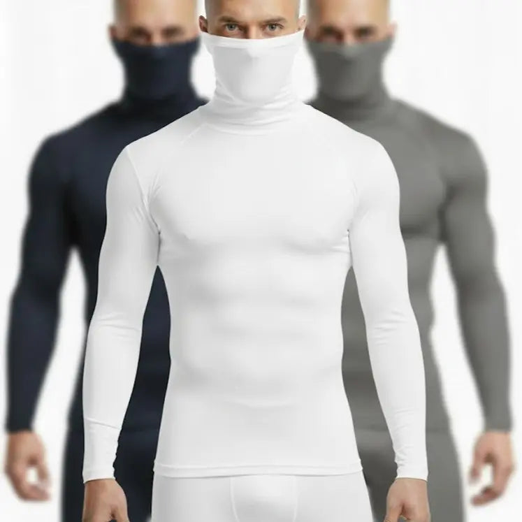 High Level HL Men's High-Neck Thermal Compression Long-Sleeve Plain T-Shirt with Face Cover Option - All-Season Athletic Fitted Activewear (Black, Grey, White, Navy)