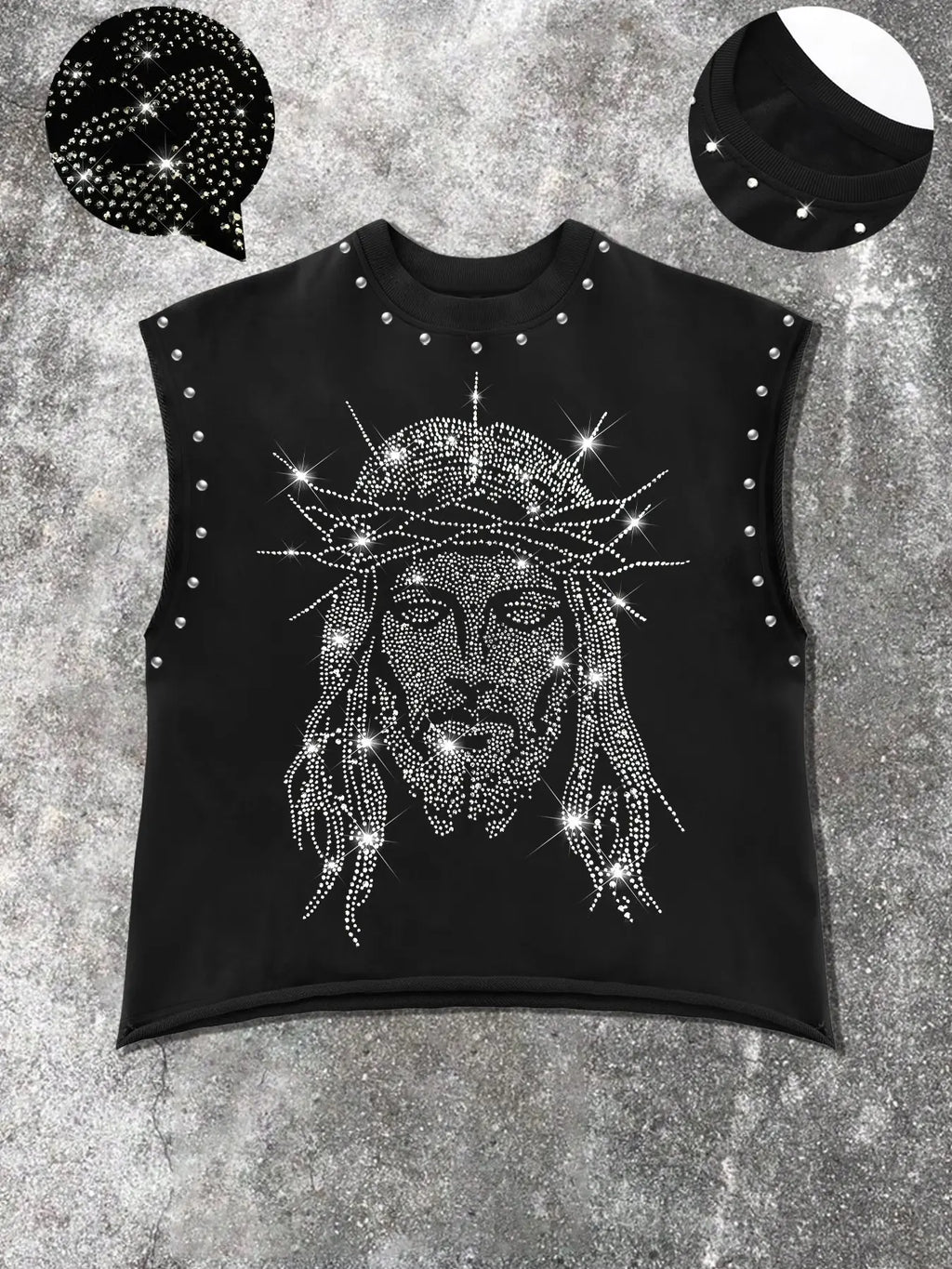 Men's Casual Graphic Sleeveless Sparkly Glitter Vest with Rhinestone Letters and Abstract Contour Print, Comfortable Regular Fit, Fashion Versatile, Street Style, Streetwear Tank Vest