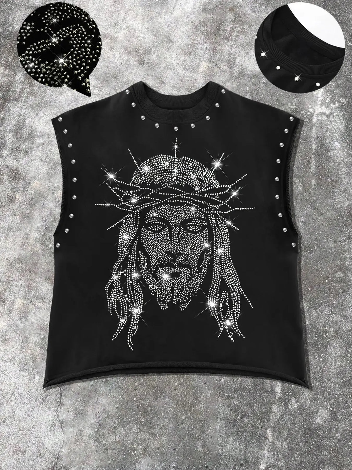Men's Casual Graphic Sleeveless Sparkly Glitter Vest with Rhinestone Letters and Abstract Contour Print, Comfortable Regular Fit, Fashion Versatile, Street Style, Streetwear Tank Vest