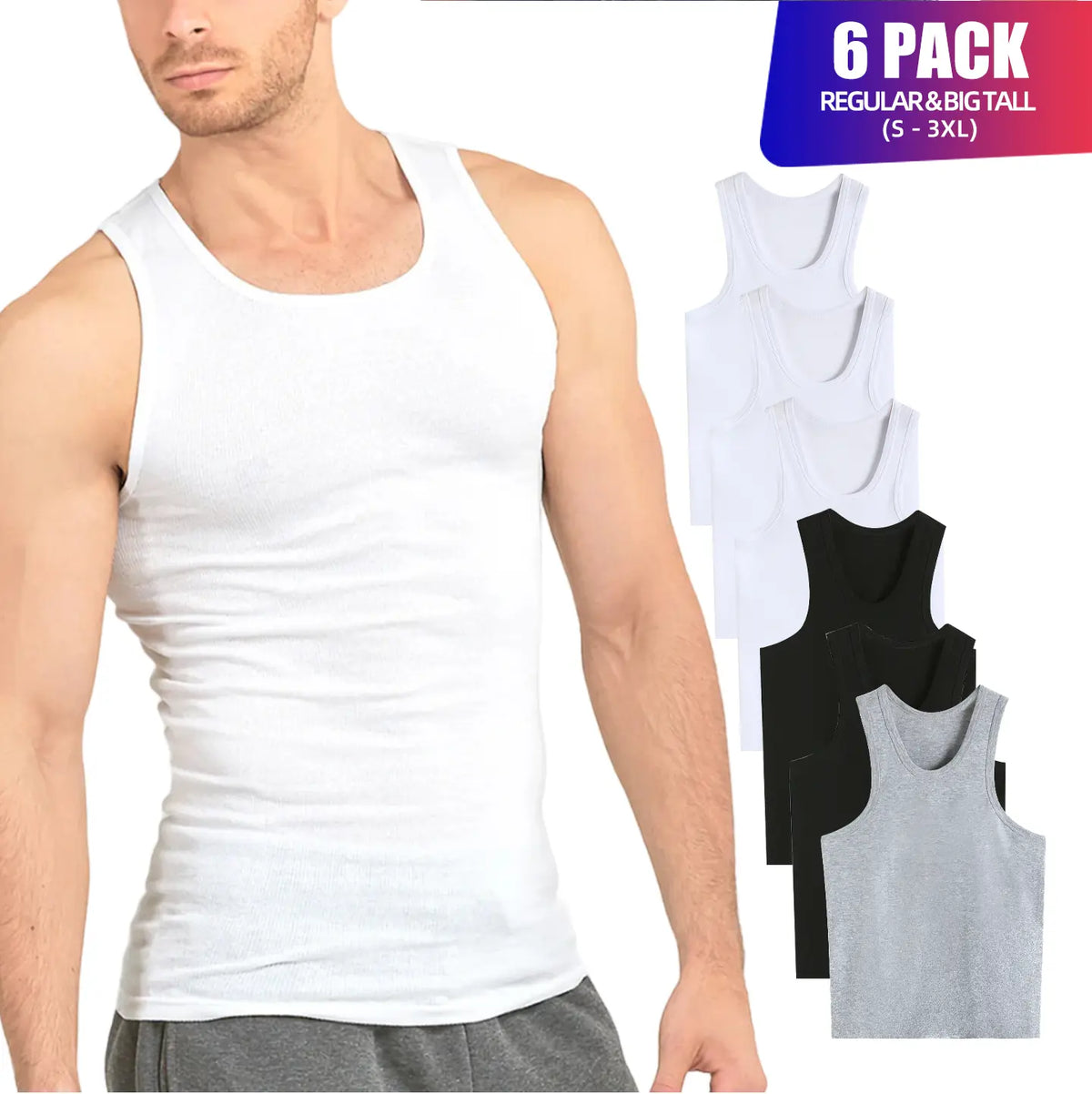 Men's 6-Pack 100% Cotton Ribbed Tank Tops, Breathable Sleeveless Underwear Undershirts, Solid Classic Casual Menswear for Workout, S-3XL Regular & Big & Tall Sizes