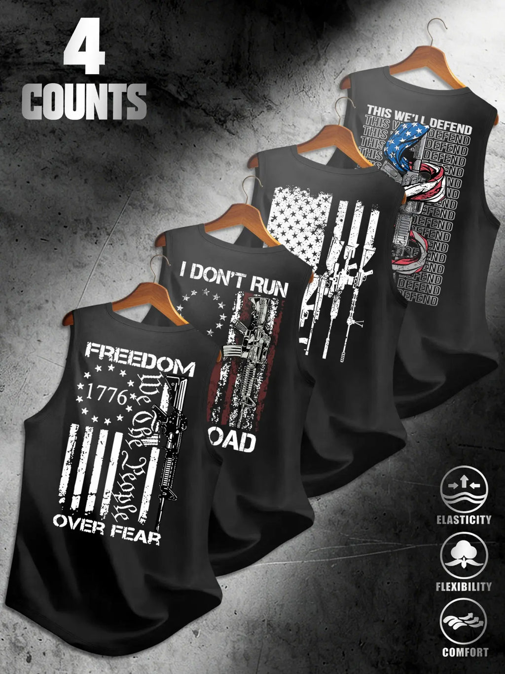 American Flag Print Men's Sleeveless Vest 4-Pack, Breathable Stretchy Fabric, Sporty Fitted, Comfortable for Daily Streetwear, Graphic Sleeveless Shirts