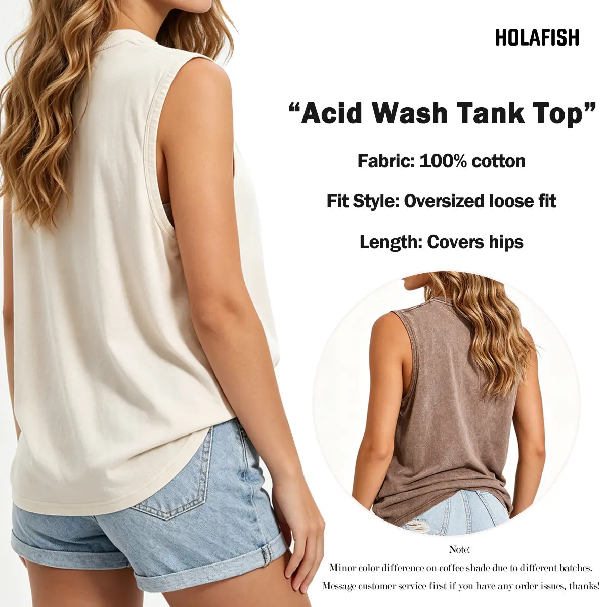 Holafish Women's Retro Summer Oversized Tank Top - Vintage Acid Washed, Upgraded Print, Hip-Length, Heavyweight Cotton, Aesthetic, Classic, Breathable, Workout Vibe, Unisex Gift Sleeveless Crop Vest