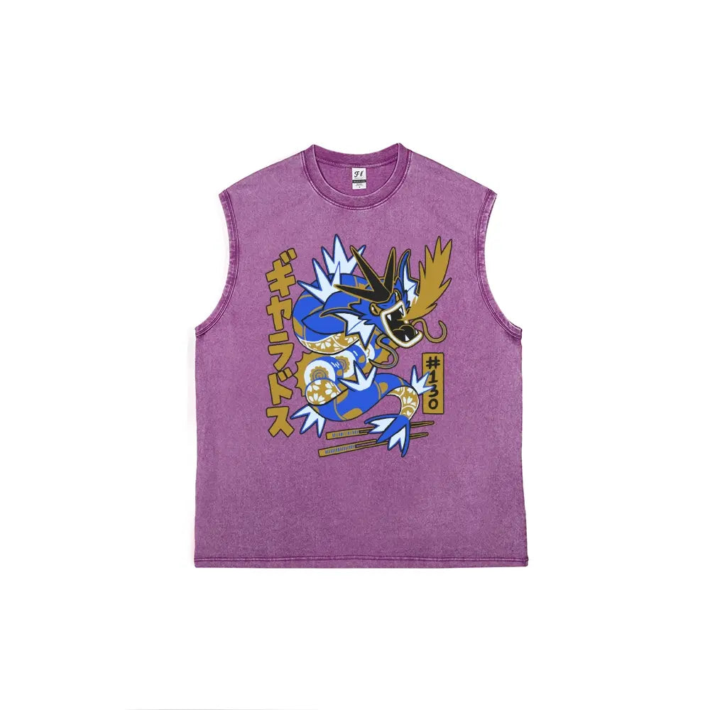 Japanese Text Blue Dragon Creature Unisex Plus Size Summer Graphic Tees Personalized Pattern Y2k Clothing Round Neck Sleeveless Washed Vests,Women's Clothing 100% Cotton, Menswear, Top, Vintage Style, Casual Oversized