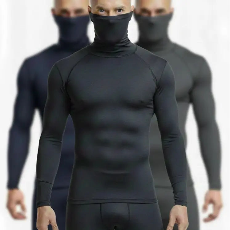 High Level HL Men's High-Neck Thermal Compression Long-Sleeve Plain T-Shirt with Face Cover Option - All-Season Athletic Fitted Activewear (Black, Grey, White, Navy)