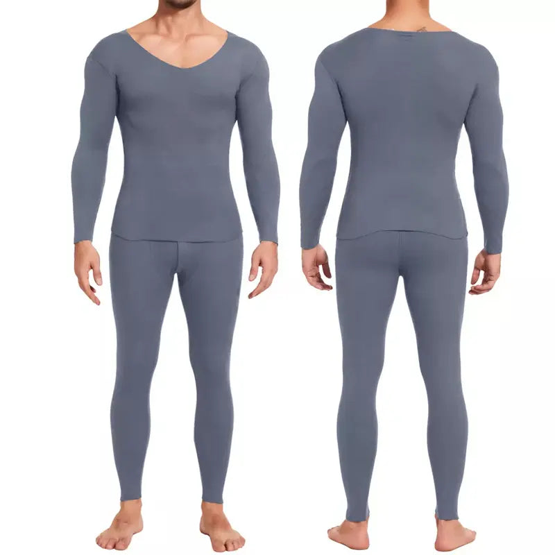 Men's 2-Piece Fleece-Lined Thermal Underwear Set - V-Neck Menswear Top, 4-Way Stretch Fabric, Outdoor Sport Base Layer for School, Camping